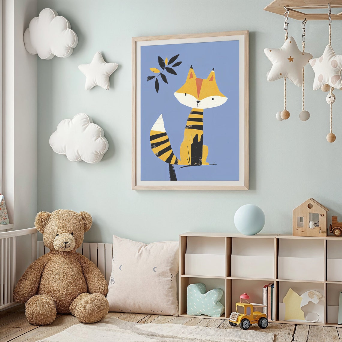 Stylized Yellow Fox On Blue Background Nursery Kids Room Animal Poster - Image 2