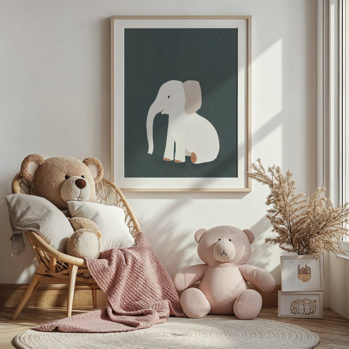 Baby Elephant Cream Illustration On Forest Green Nursery Safari Poster - Image 3