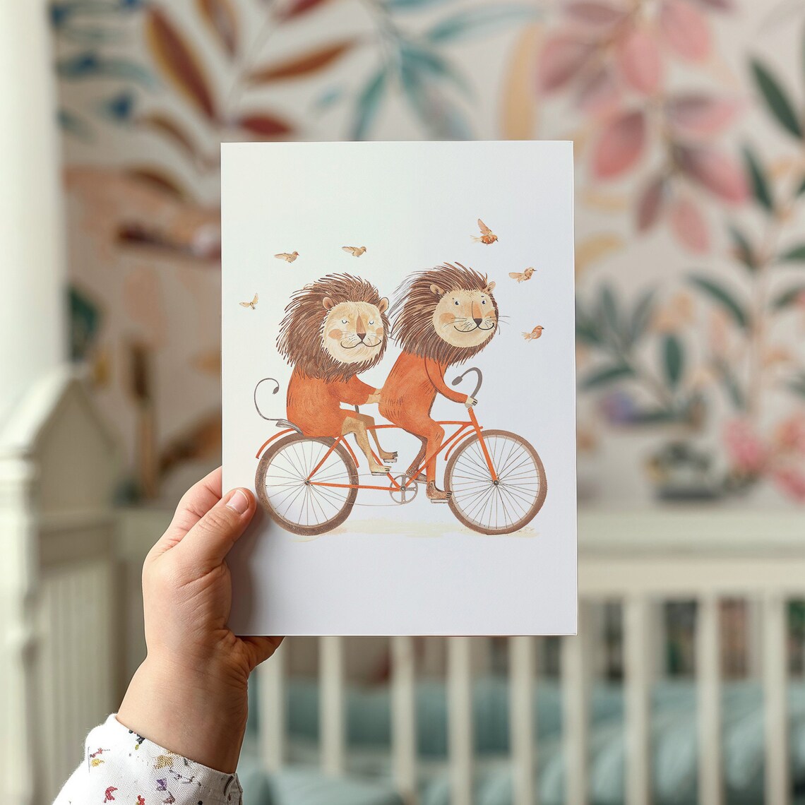 Two Happy Lions Riding Tandem Bicycle Watercolor Nursery Poster - Image 2