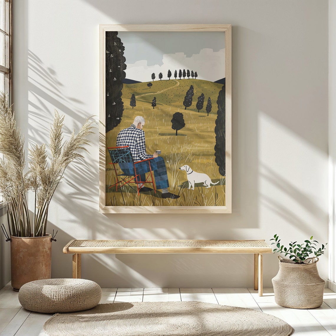 Elderly Man Dog Golden Rolling Hills Serene Countryside Wall Poster