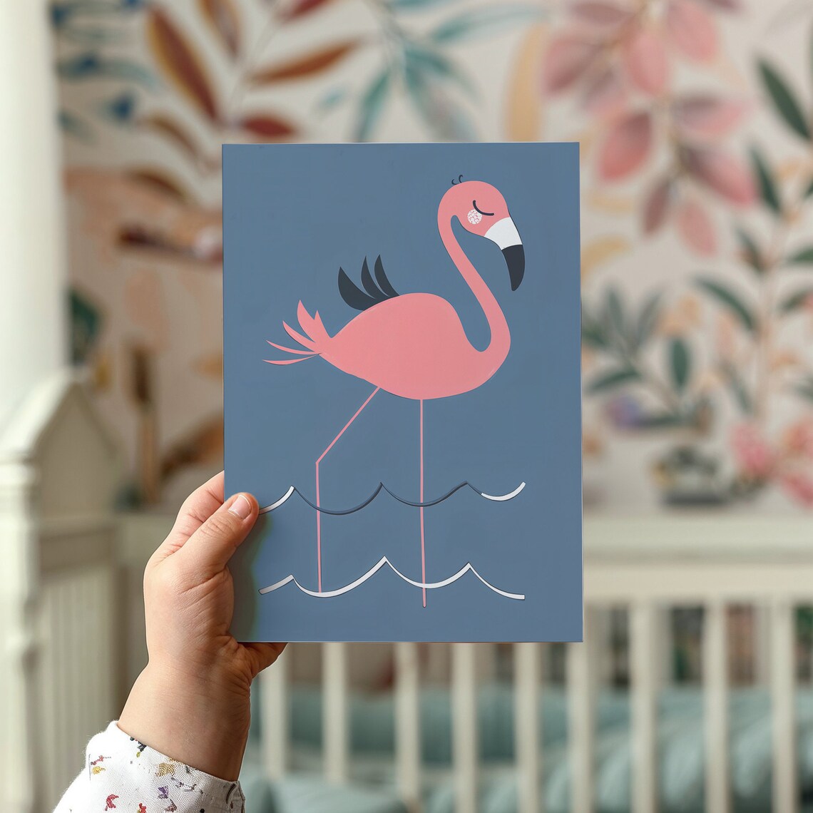 Pink Flamingo Standing In Waves Navy Blue Nursery Wall Art Poster - Image 2