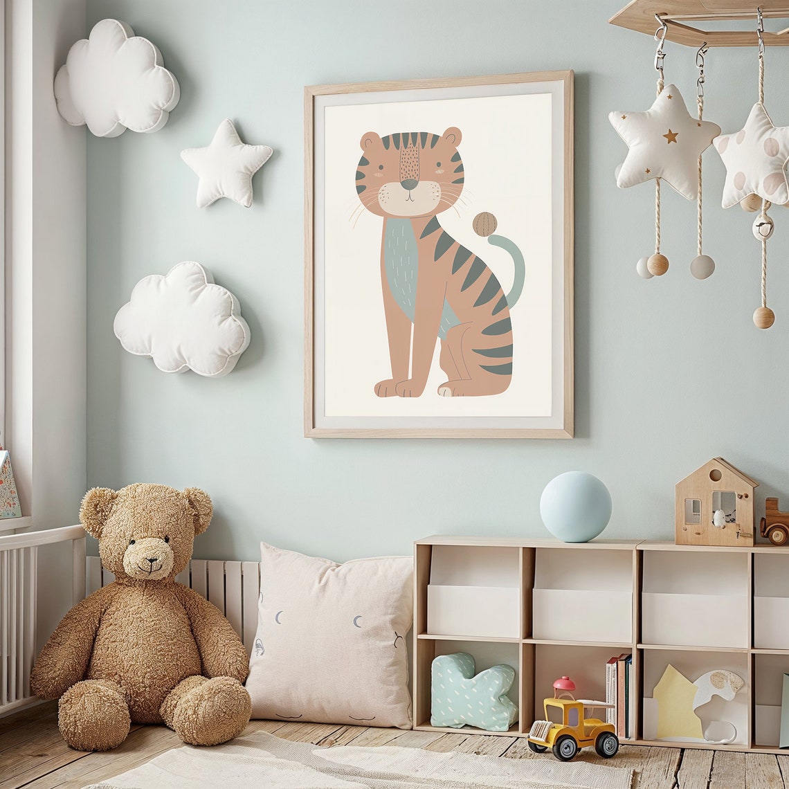 Cute Sitting Tiger Cub Sage Green Stripes Neutral Kids Wall Art Poster - Image 2