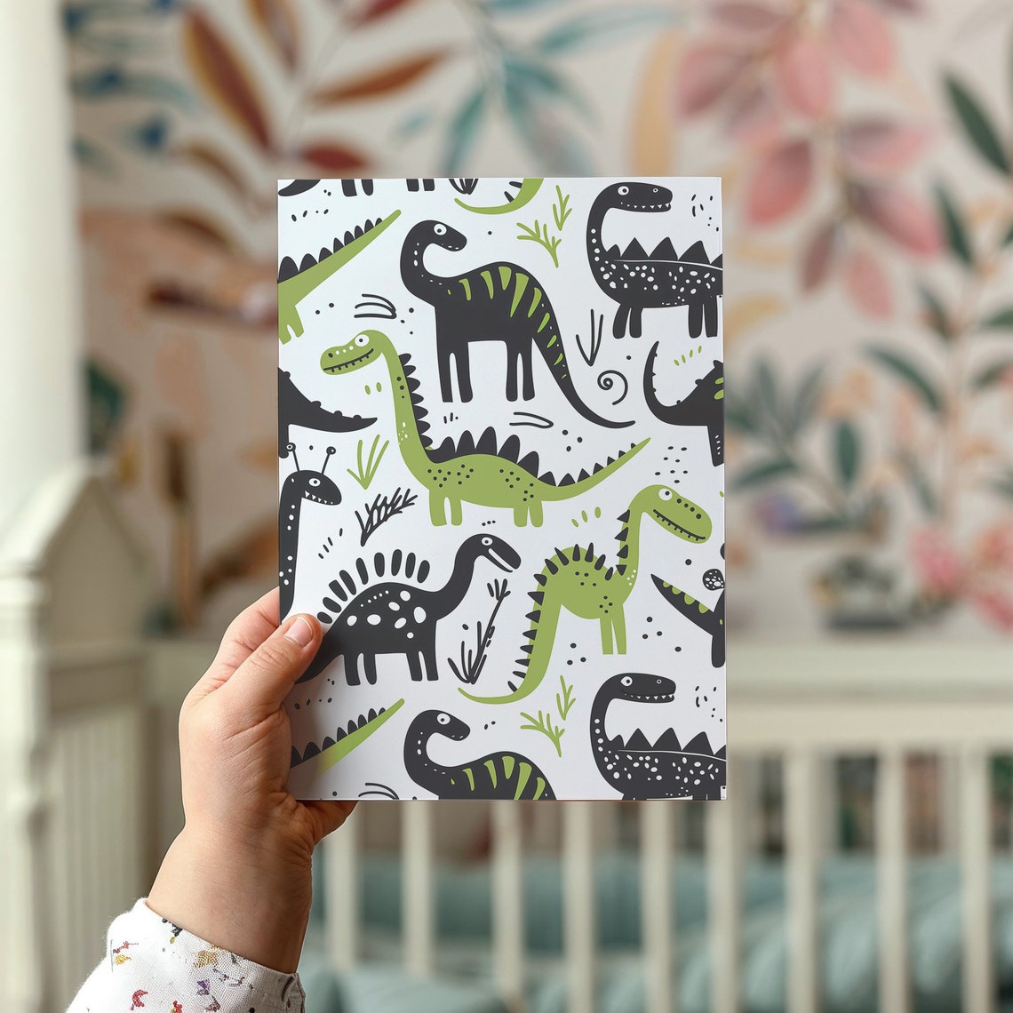 Doodle Dinosaur Pattern Green Black Long Neck Kids Room Nursery Poster - Image 2