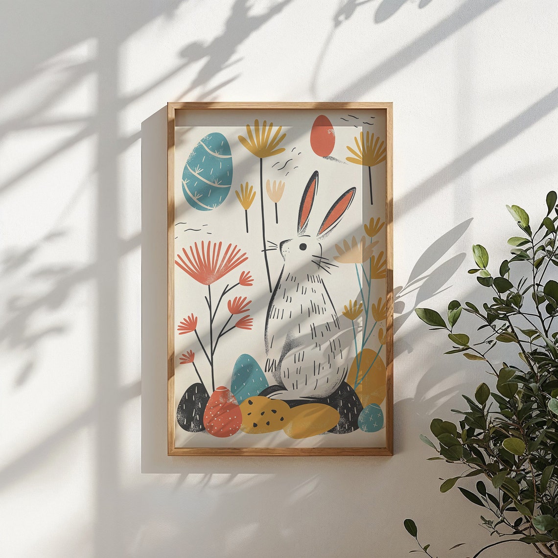 Tall Bunny Silhouette Wildflowers Colorful Eggs Scandinavian Poster - Image 4