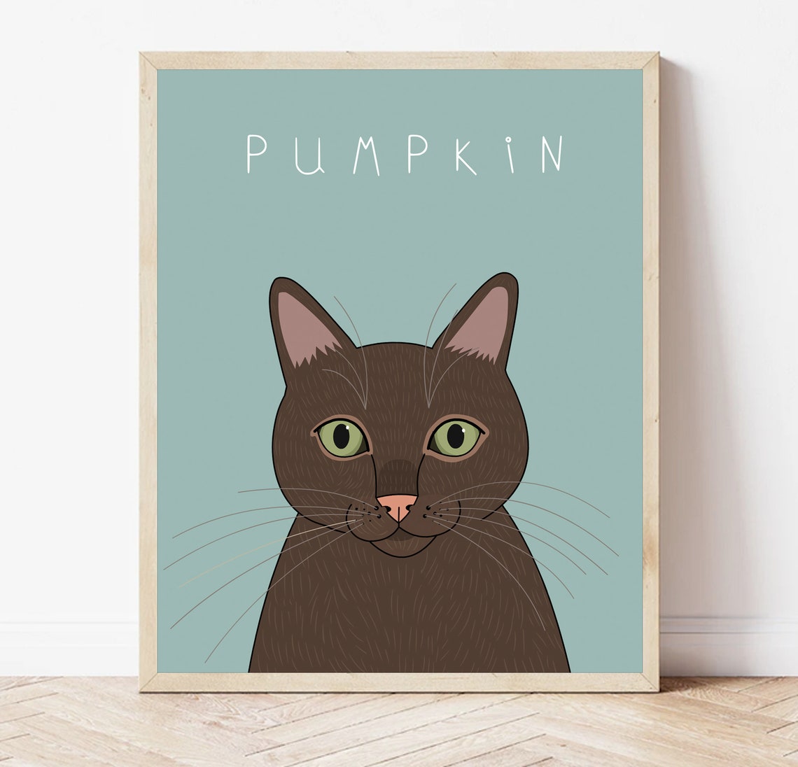 Pumpkin Black Cat on Teal Background Custom Cat Portrait Poster