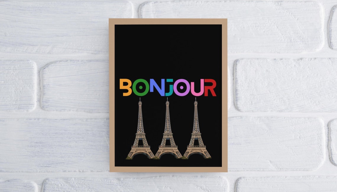 Bonjour Paris Colorful Eiffel Tower Trio Typography on Black Poster