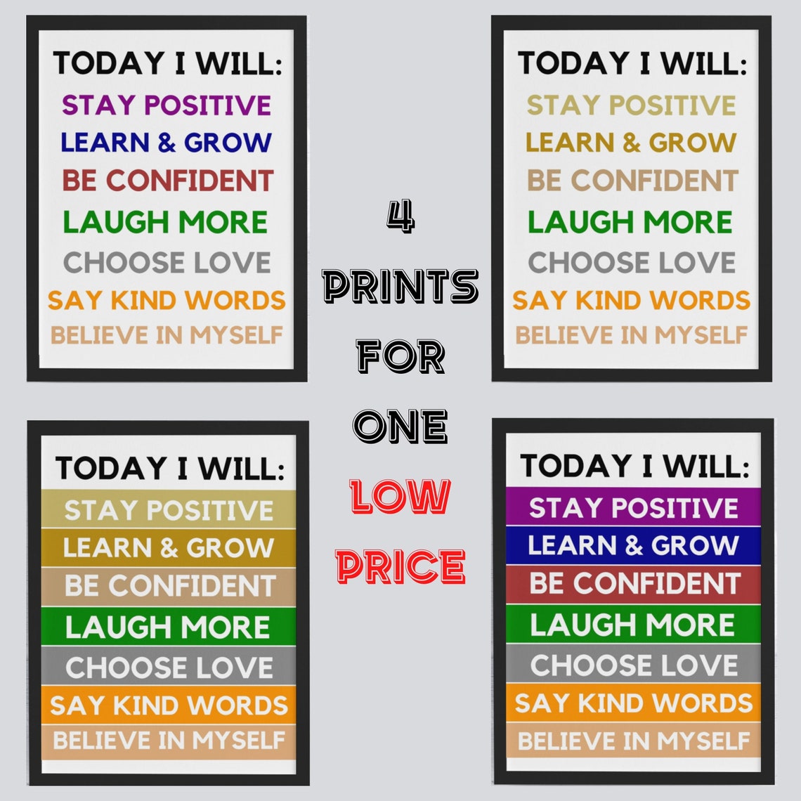Today I Will Stay Positive Learn And Grow Set Of 4 Kids Poster Bundle