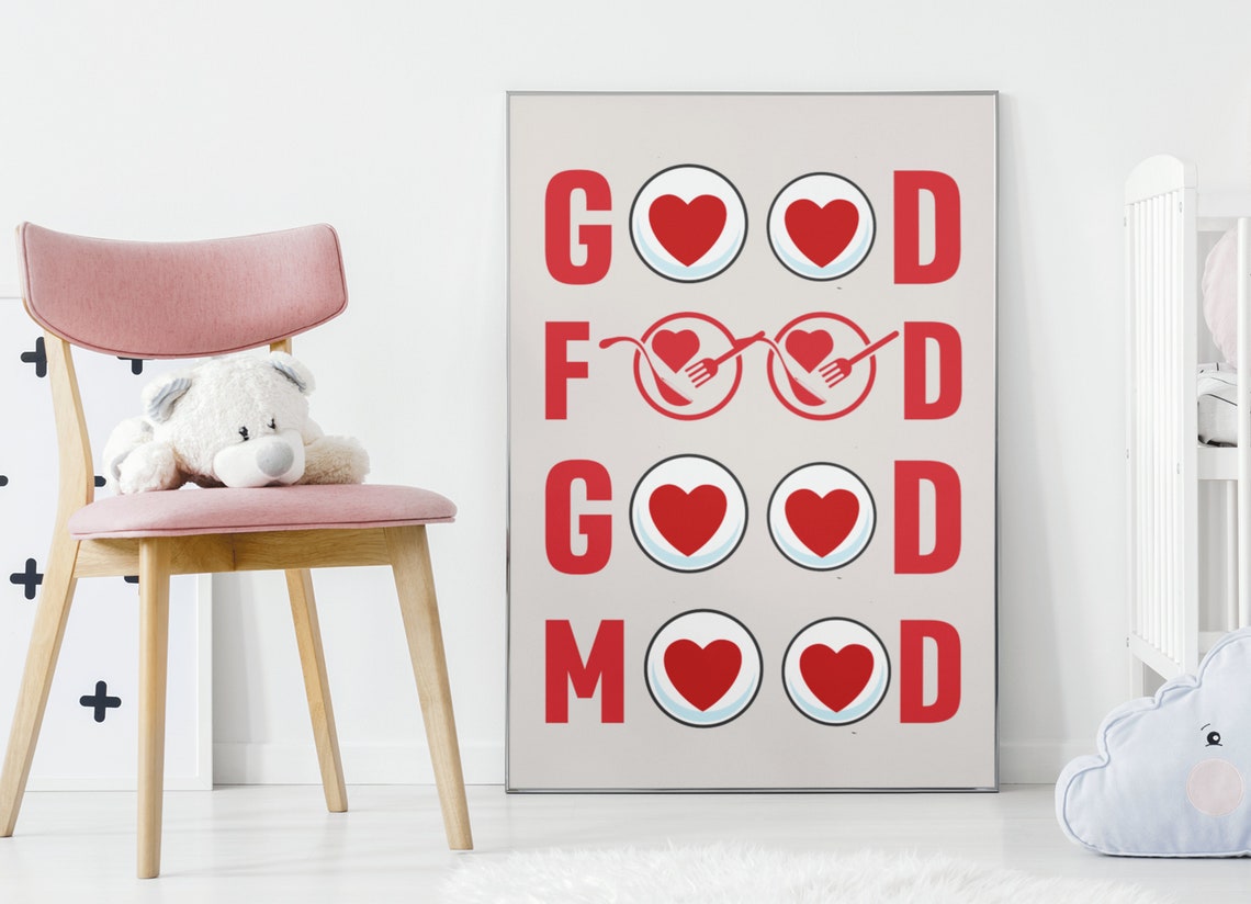 Good Food Good Mood Hearts Kitchen Typography Fun Poster Decor