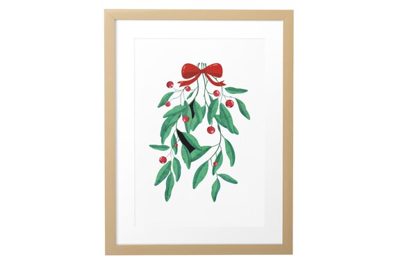 Watercolor Mistletoe Sprig With Red Bow Holiday Christmas Poster