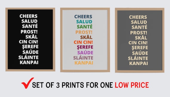 Cheers Around the World Fun Set of 3 Minimalist Bar Cart Poster