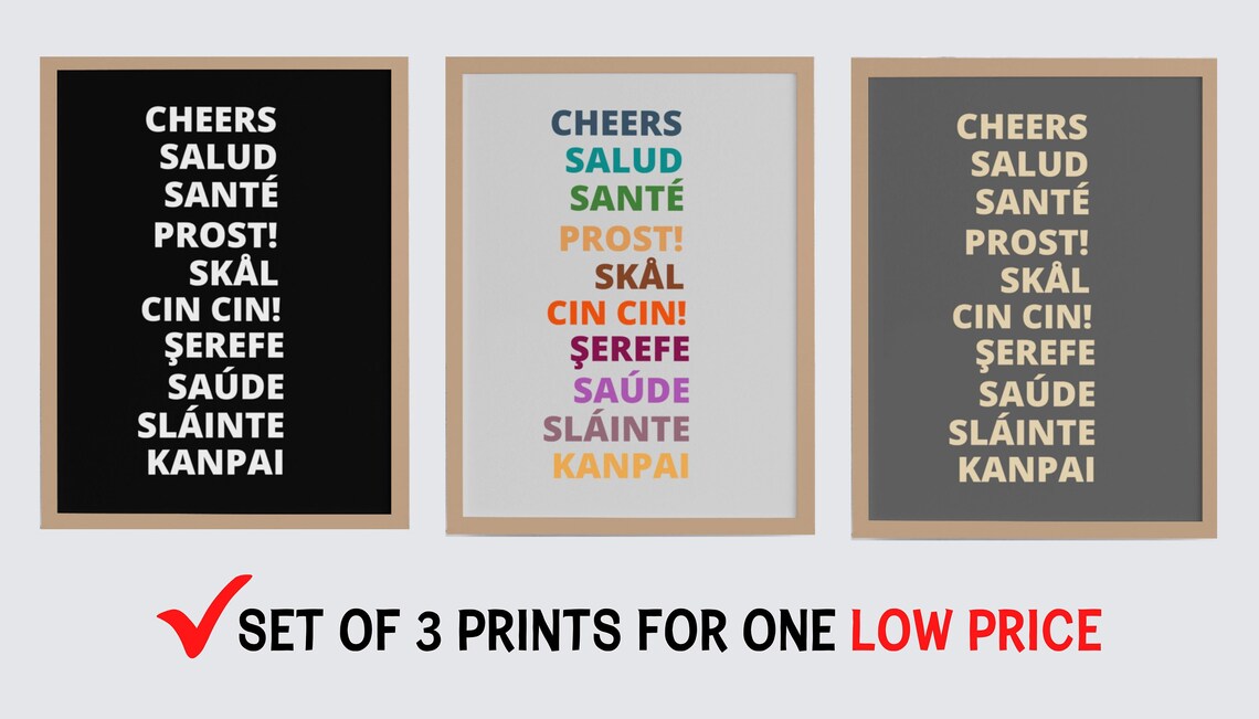 Cheers Around the World Fun Set of 3 Minimalist Bar Cart Poster