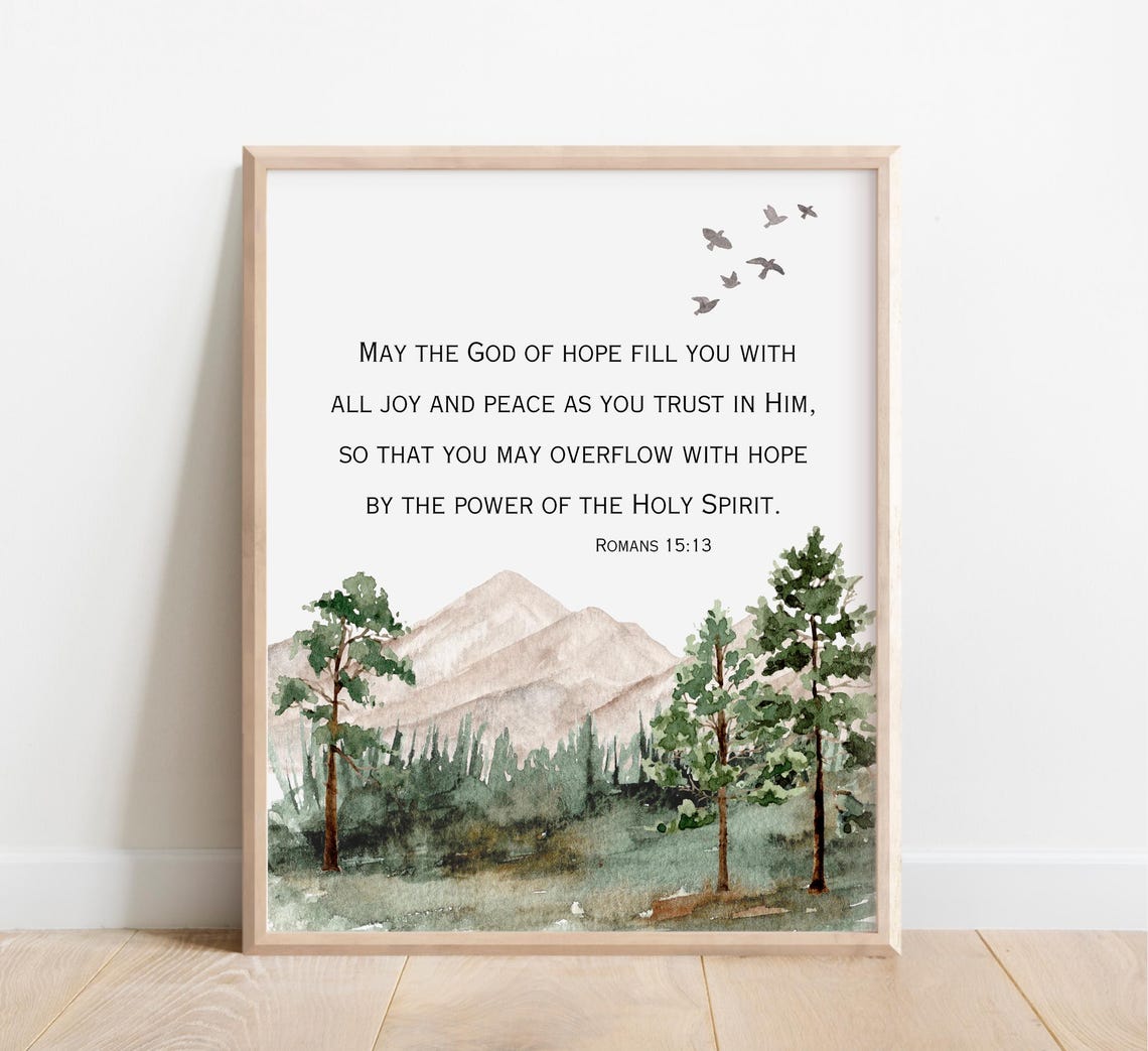 Romans 15 13 Bible Verse Mountain Watercolor Birds Quote Poster