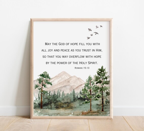 Romans 15 13 Bible Verse Mountain Watercolor Birds Quote Poster
