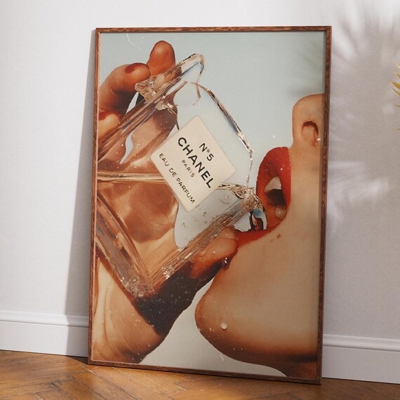 Chanel No 5 Perfume Bottle with Red Lips Pop Art Fashion Poster