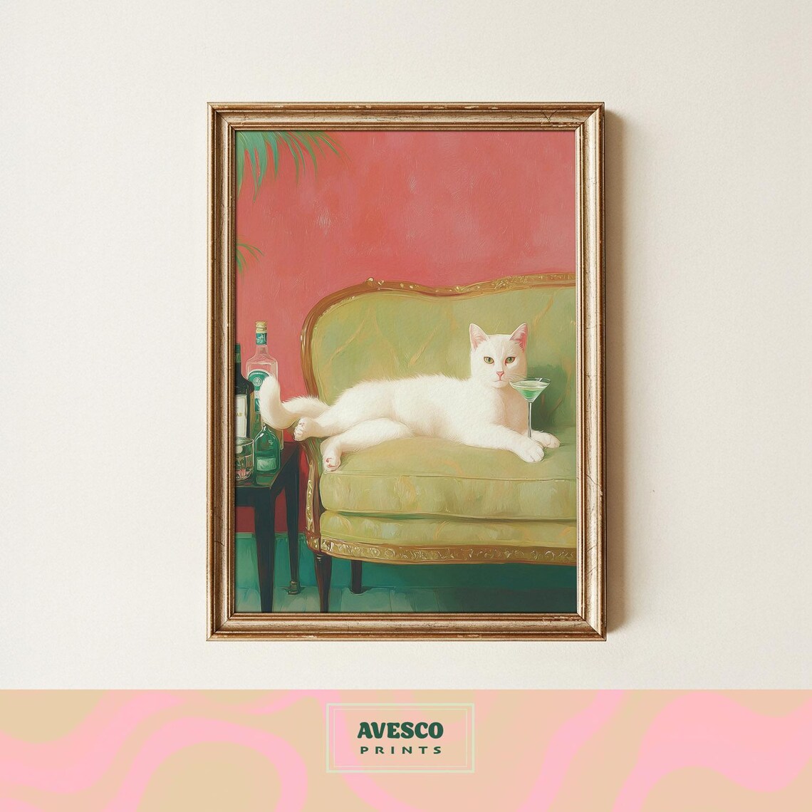 White Cat Lounging On A Green Chaise With A Martini Glass Poster