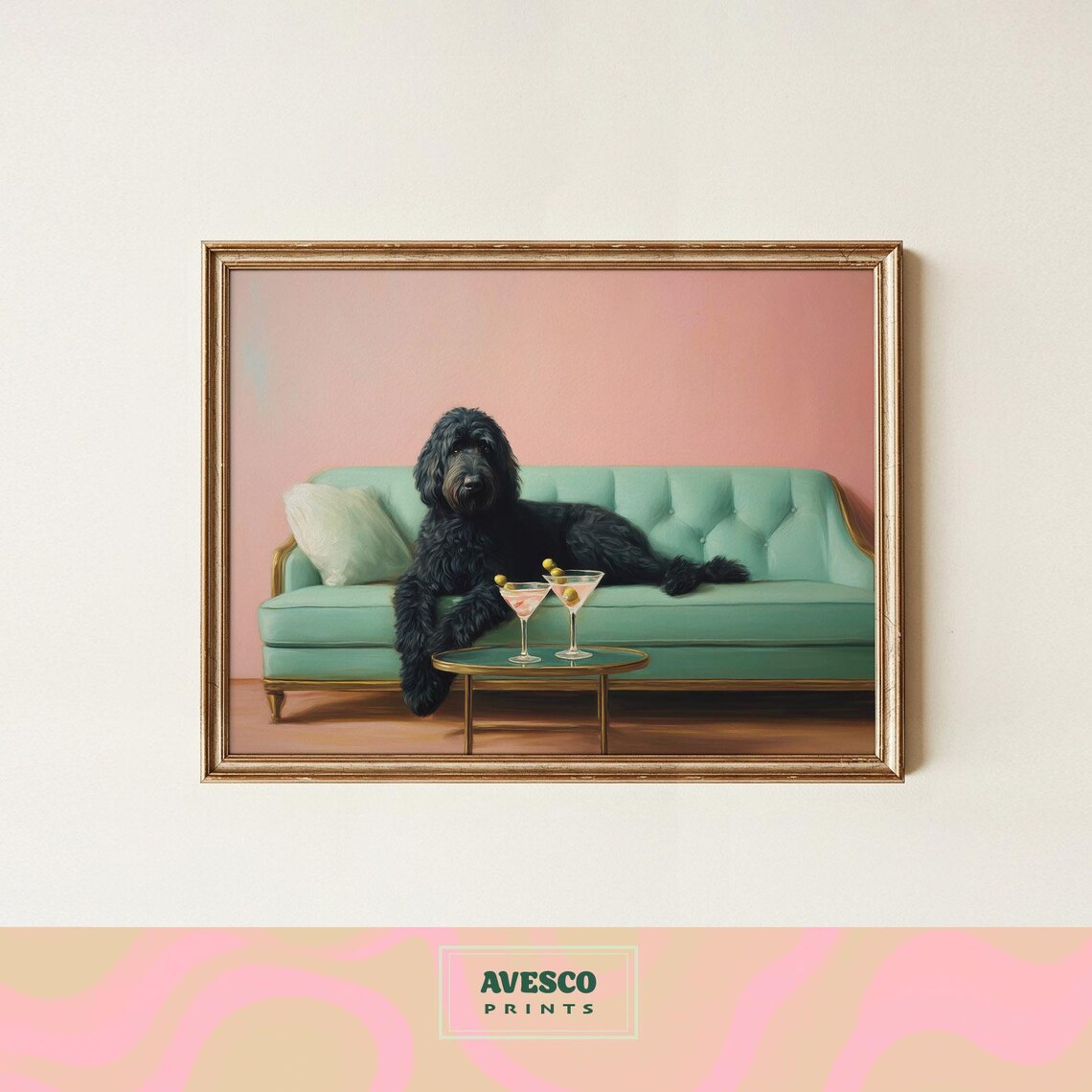 Black Poodle On Green Sofa, Cocktail Bar Cart Decor Poster