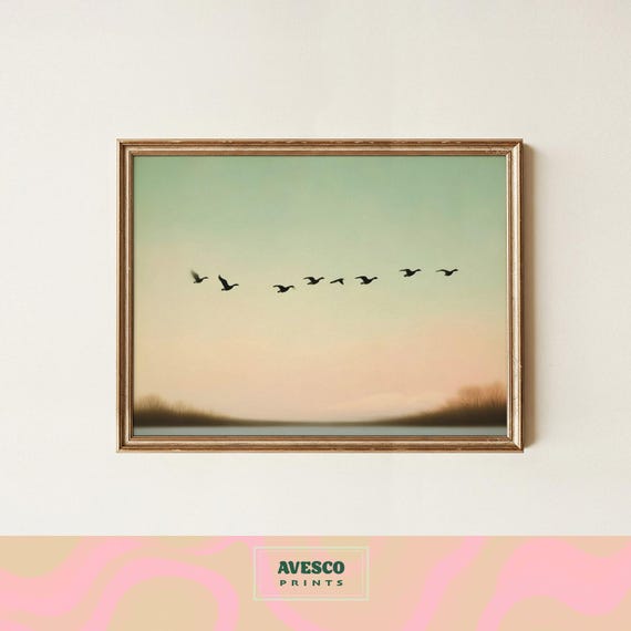 Vintage Bird Flock Print Minimalist Painting Sunset Flying Birds Art