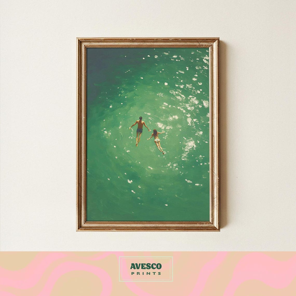 Couple Swimming Vintage Coastal Poster