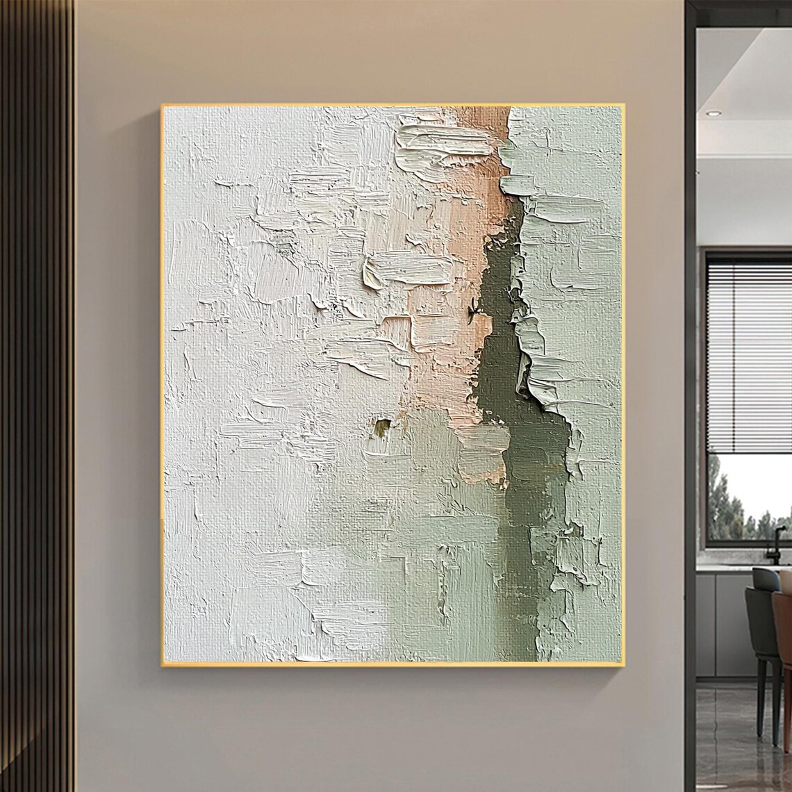 White Plaster Abstract with Beige Patch and Green Edge Wall Art - Image 5