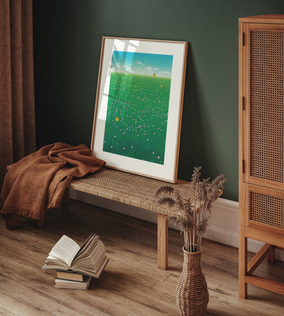 Green Wildflower Meadow Butterflies Summer Sky Minimal Art Poster - Image 5