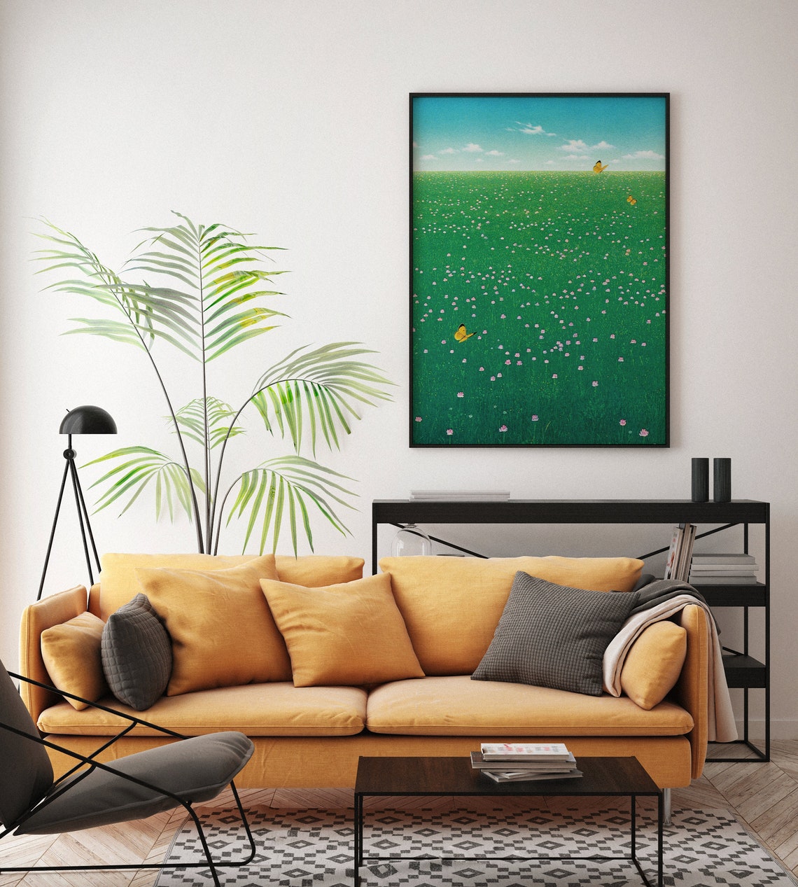 Green Wildflower Meadow Butterflies Summer Sky Minimal Art Poster - Image 7