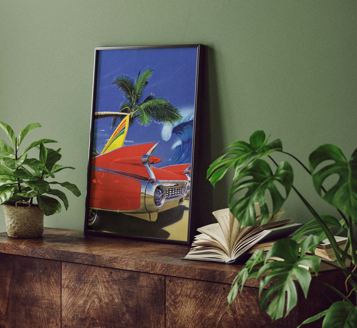 Red Classic Car Surfboard Palm Tree Crashing Wave Retro Poster - Image 5