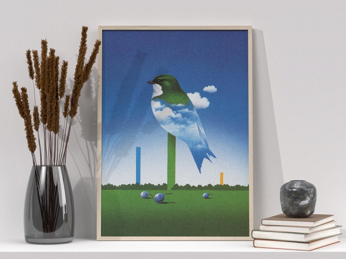 Surreal Cloud Bird Perched Green Field Minimal Dreamscape Poster