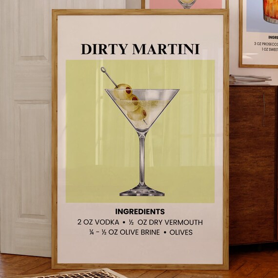 Dirty Martini Cocktail Recipe Olive Classic Bar Decor Poster