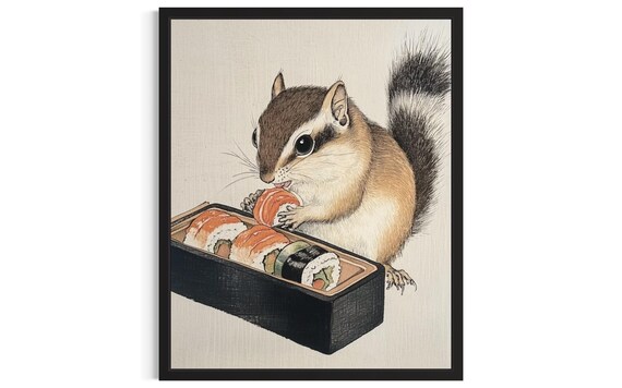 Cute Chipmunk Eating Salmon Sushi Roll Vintage Japanese Art Print