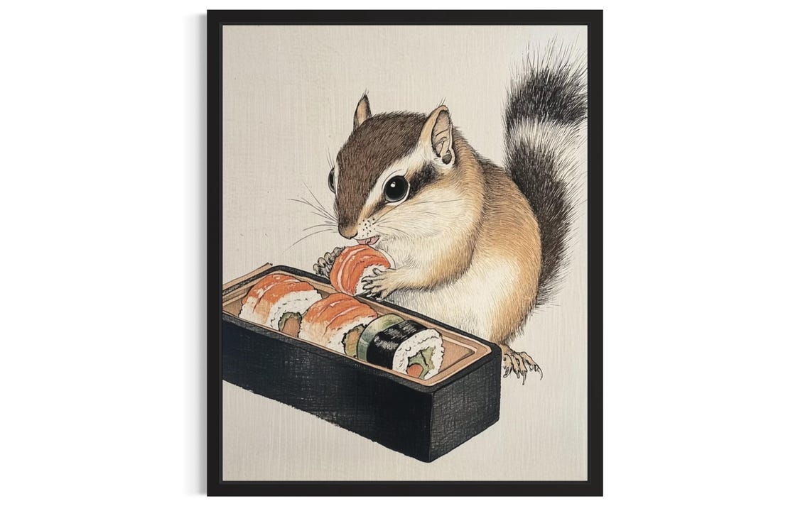 Cute Chipmunk Eating Salmon Sushi Roll Vintage Japanese Art Print