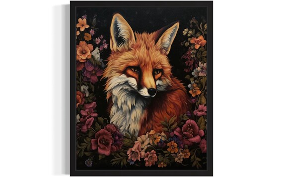 Majestic Red Fox Portrait Among Dark Autumn Flowers Gothic Poster