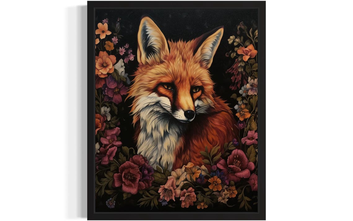 Majestic Red Fox Portrait Among Dark Autumn Flowers Gothic Poster