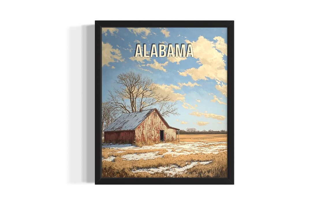 Alabama Winter Red Barn Snow Field Rustic Countryside Travel Poster