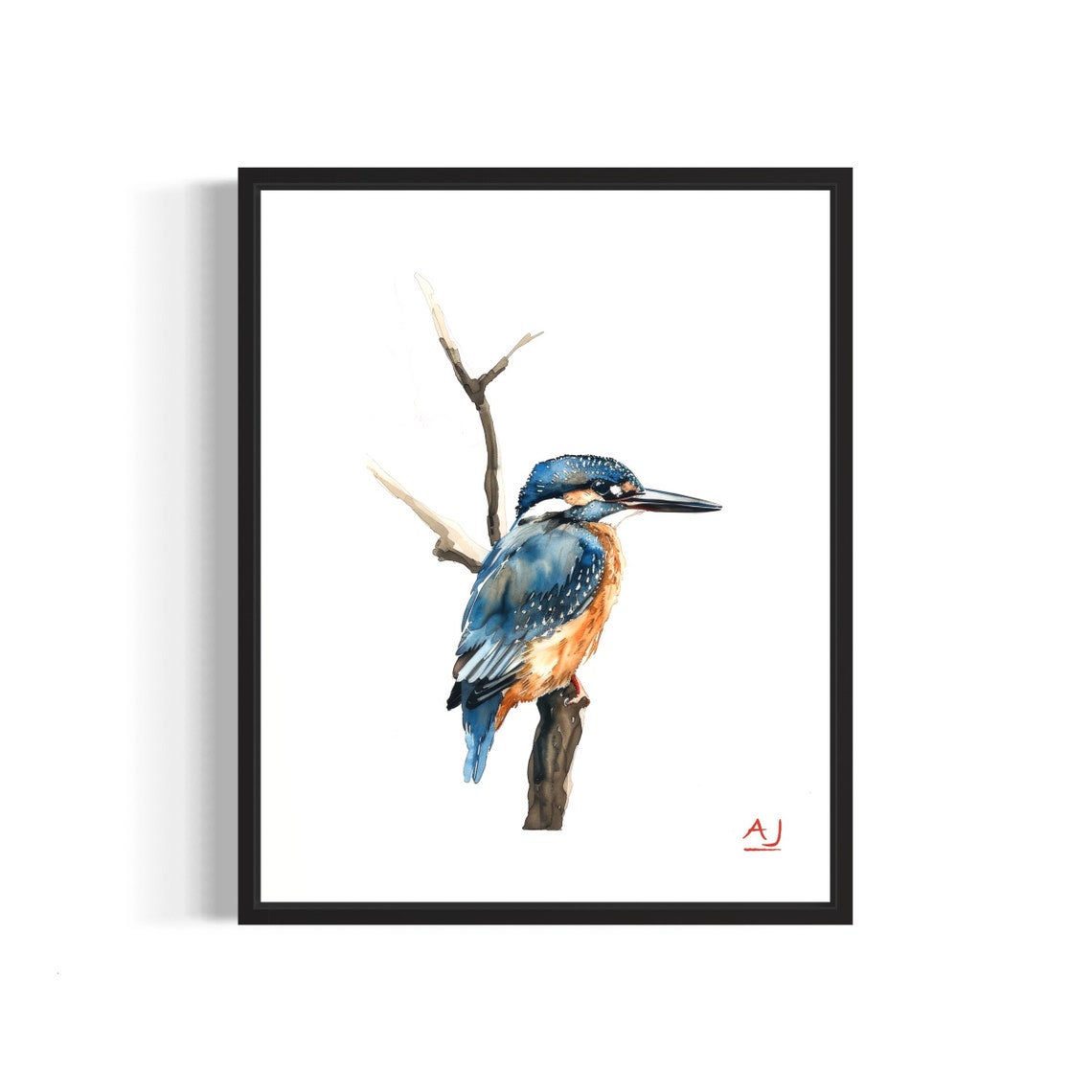 Common Kingfisher Perched on a Branch Watercolor Painting Poster