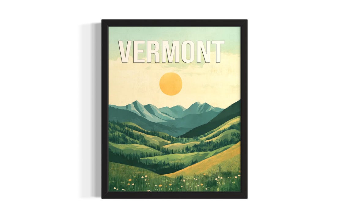 Vermont Green Mountains Retro Sun Rolling Hills Landscape Poster