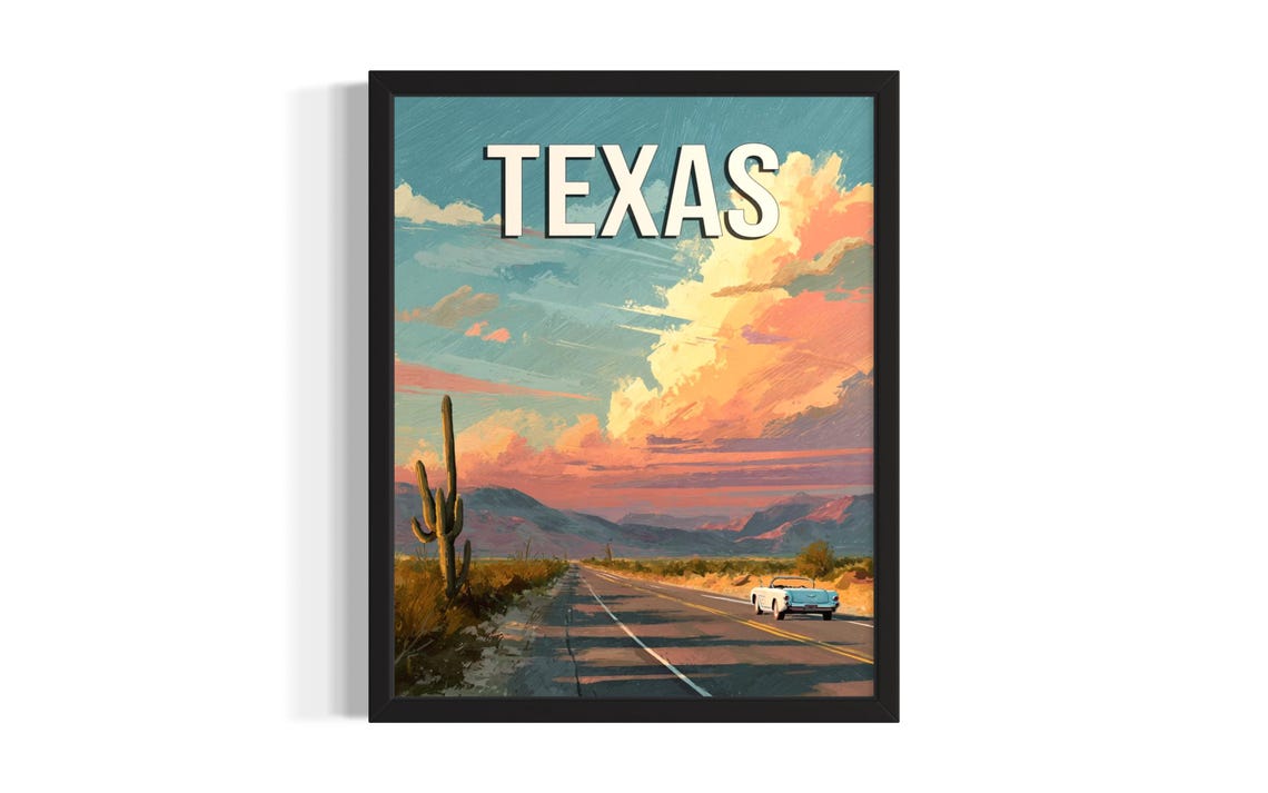 Texas Desert Highway Sunset Convertible Saguaro Cactus Poster