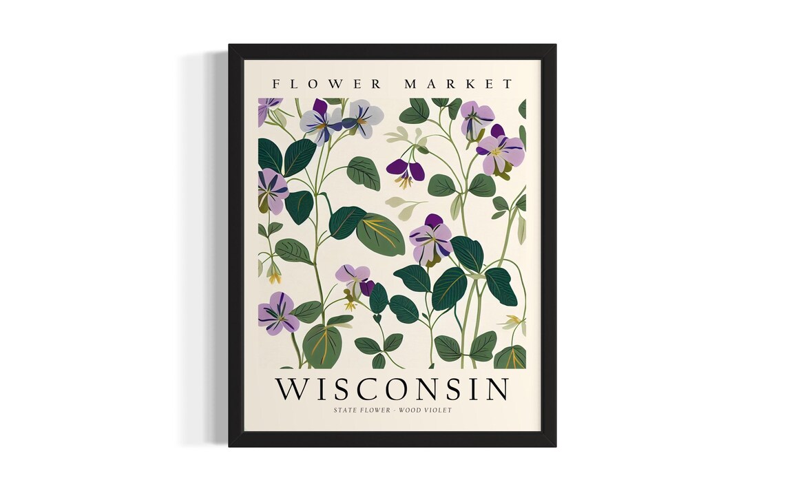 Wisconsin Vintage Wood Violet State Flower Botanical Market Poster