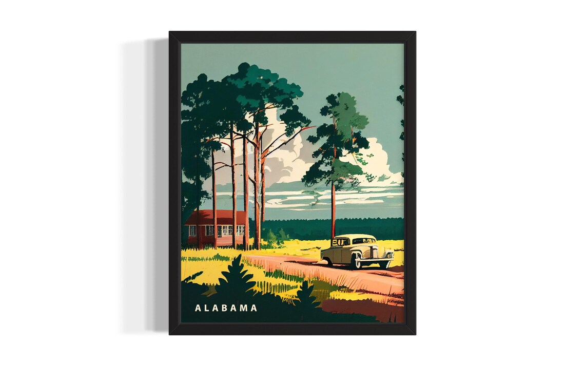 Alabama Pine Forest Vintage Car Retro Travel Illustration Poster