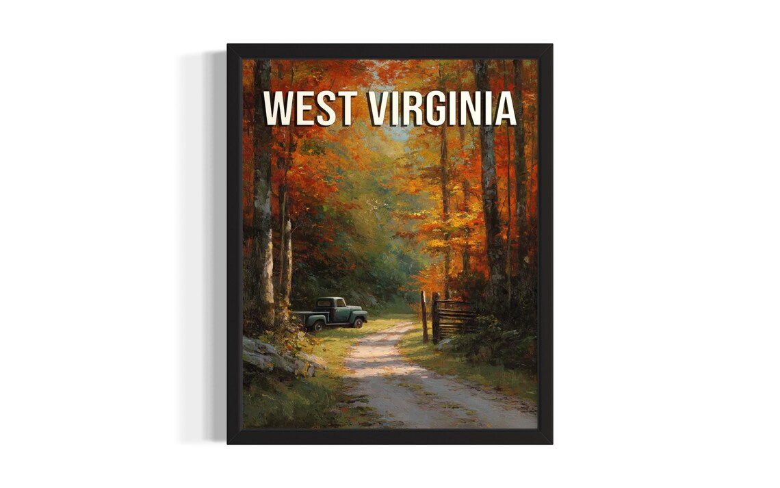 West Virginia Autumn Forest Road Vintage Truck Fall Foliage Poster