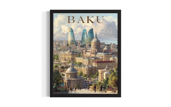Baku Flame Towers Old Town Azerbaijan City Travel Vintage Poster