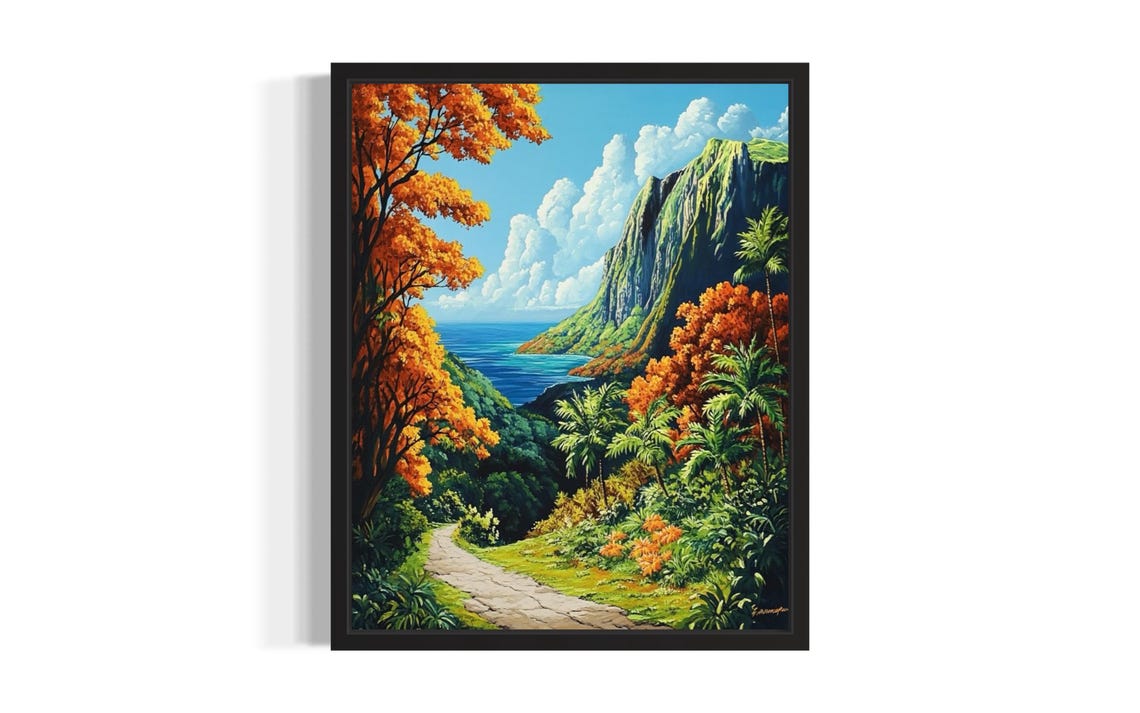 Tropical Valley With Orange Trees Cliffs and Ocean Painting Poster