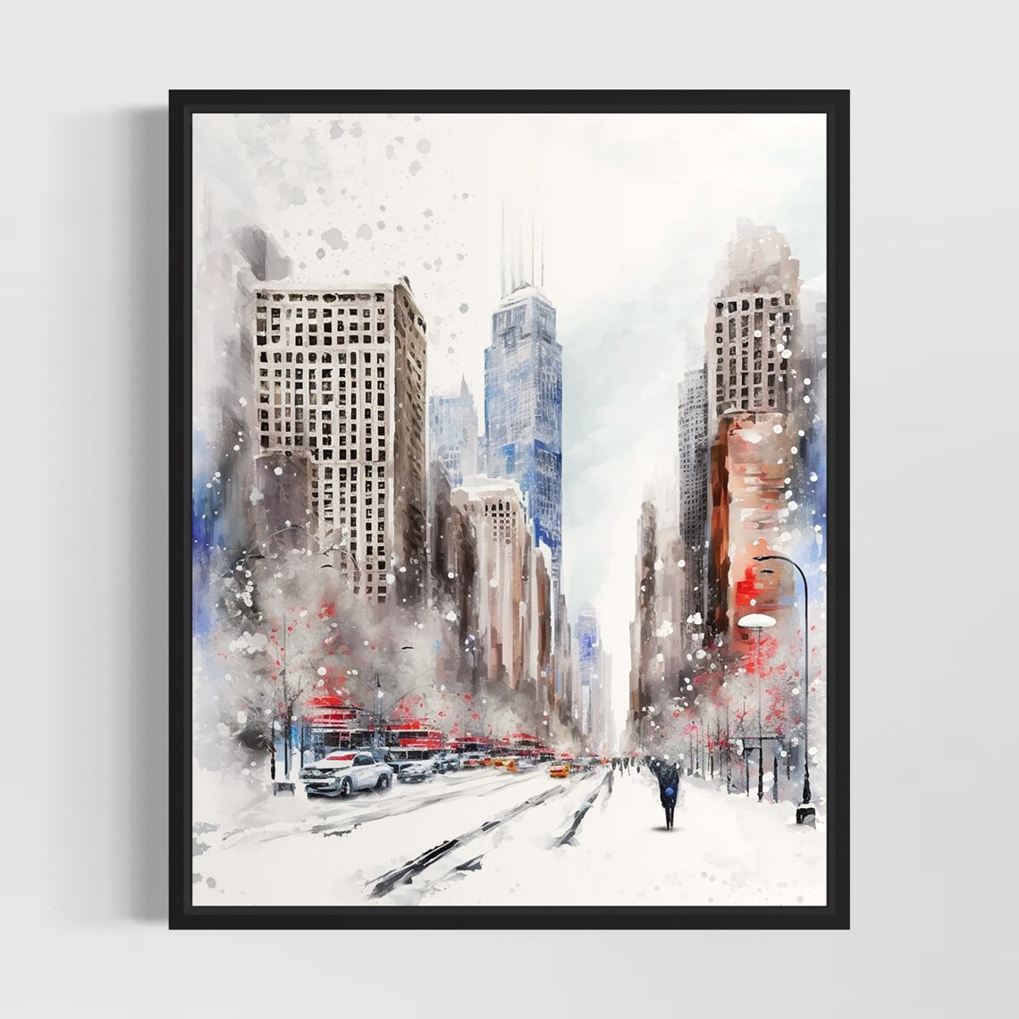 Snowy New York City Street Glowing at Dusk Watercolor Poster