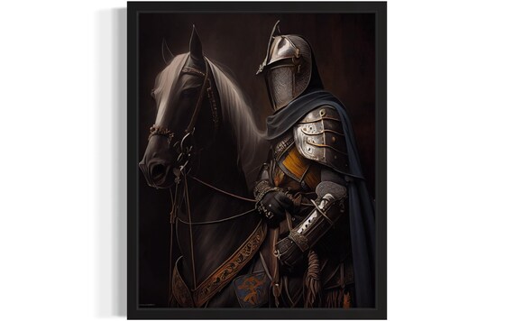 Medieval Knight In Full Armor Beside A Black Horse Dark Poster