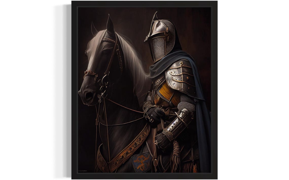 Medieval Knight In Full Armor Beside A Black Horse Dark Poster