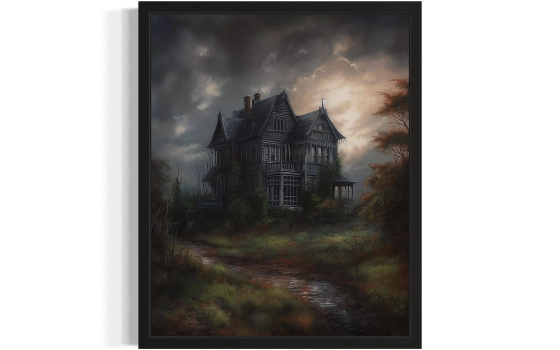 Haunted Victorian Mansion Under Stormy Night Clouds Gothic Poster