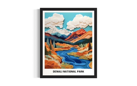 Denali National Park 3D Paper Cut Mountain River Valley Poster