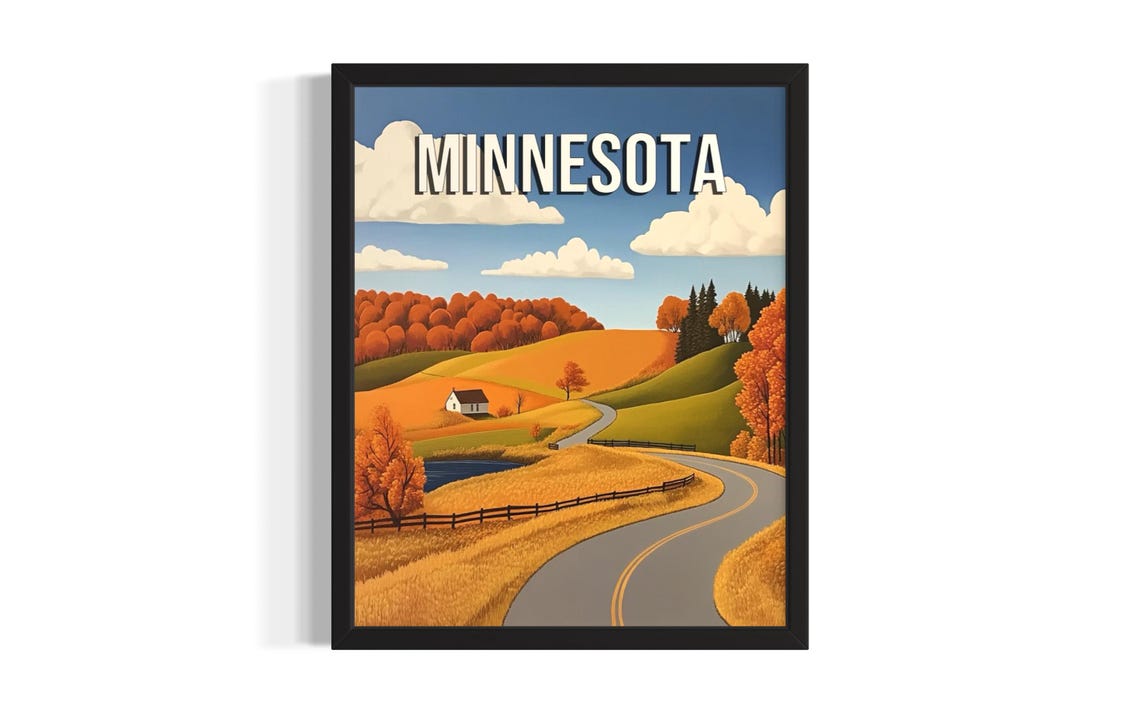 Minnesota Fall Foliage Rolling Hills Farm Road Travel Poster