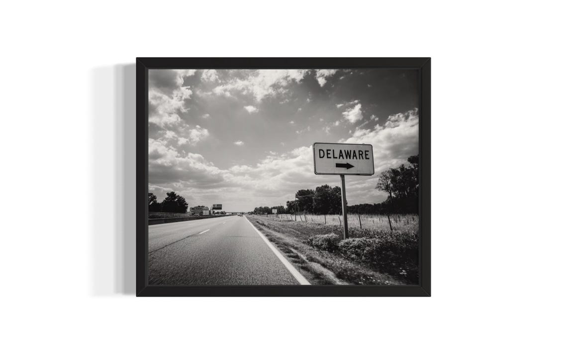 Delaware Highway Sign Open Road Cloudy Sky Black and White Wall Art