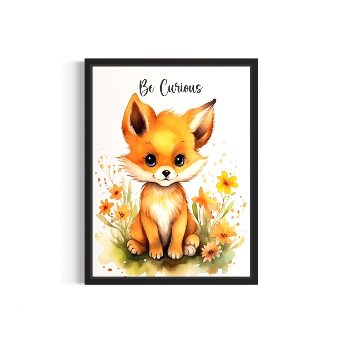 Sweet Baby Fox With Be Curious Quote Watercolor Nursery Room Poster