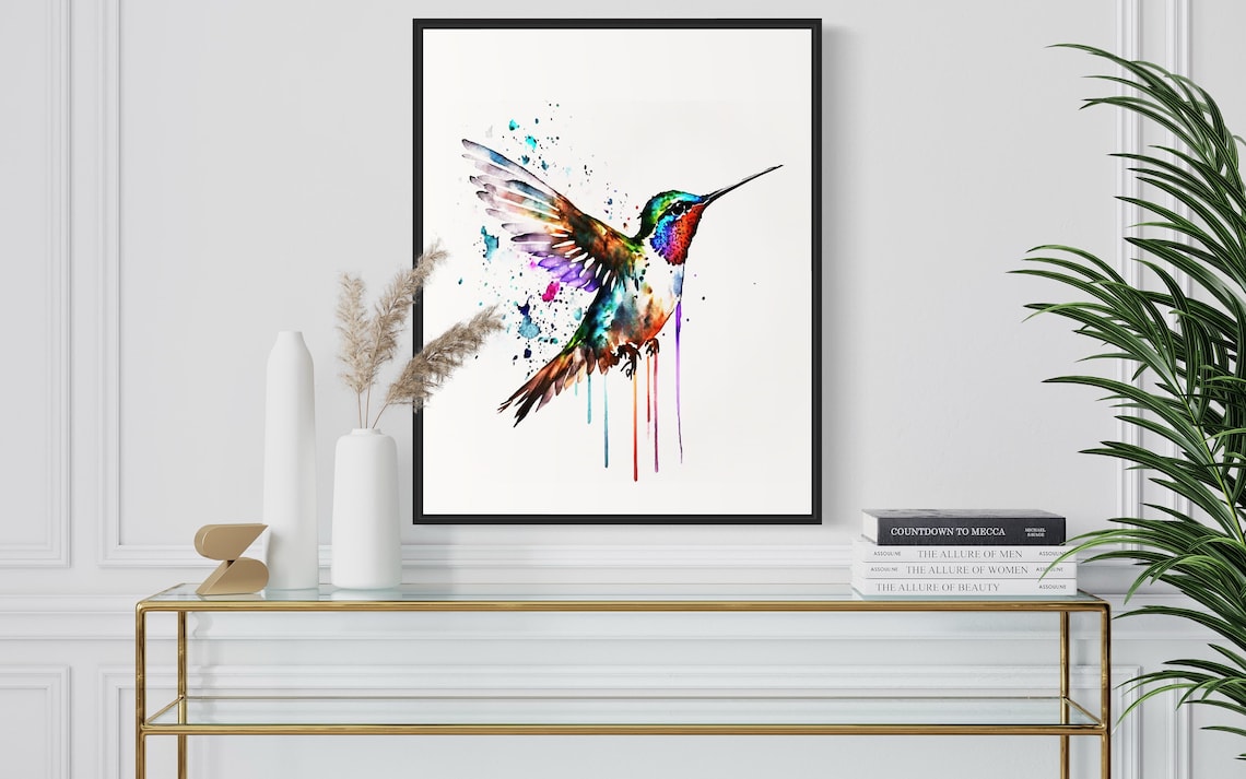 Red Throated Hummingbird Feeding On Flowers Watercolor Art Poster
